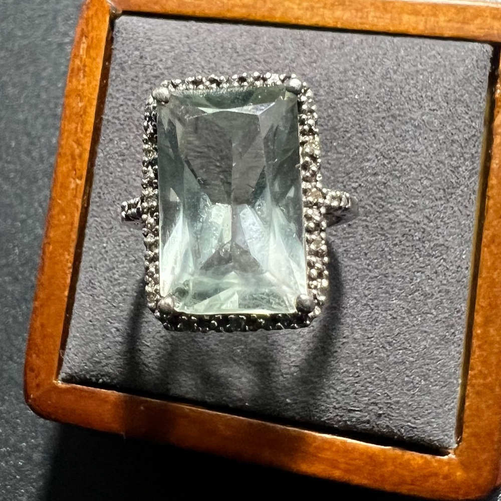 Huge 7.5 Emerald Cut Green Amethyst Quartz Diamond Ring Sterling Silver RJW 925